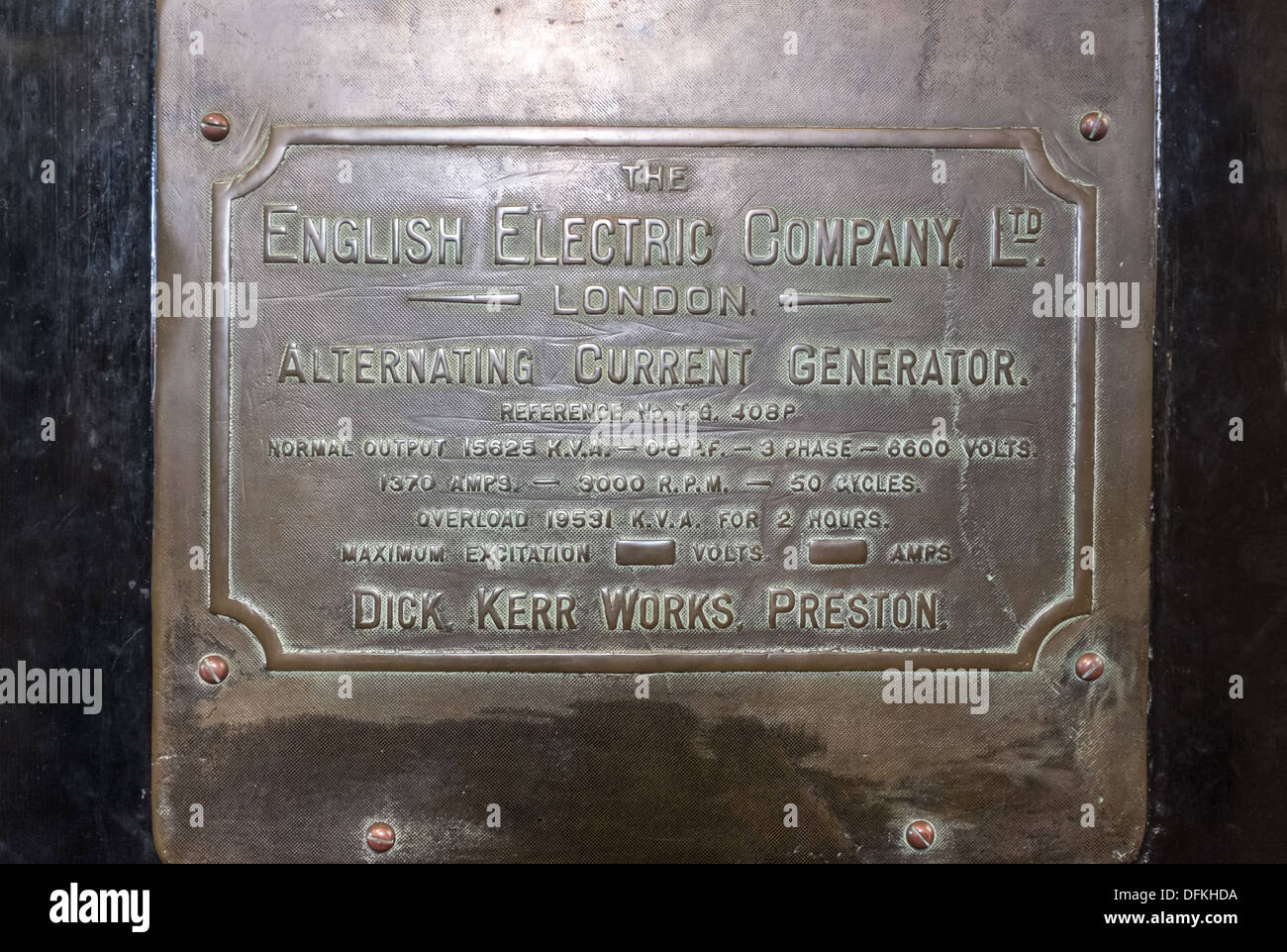 Plaque on English Electric Company Alternating Current Generator at