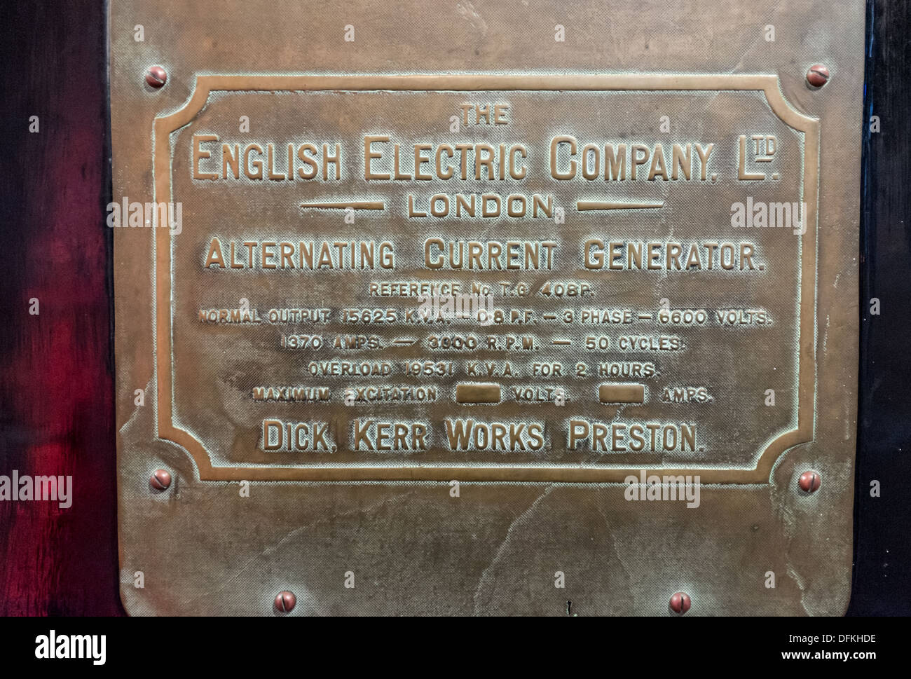 Plaque on English Electric Company Alternating Current Generator at