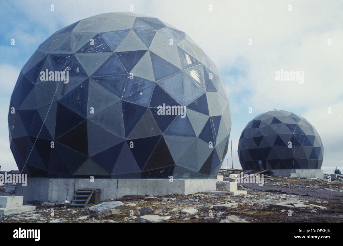 A pair of radomes housing radar equipment on the top of Mt. Kent in the