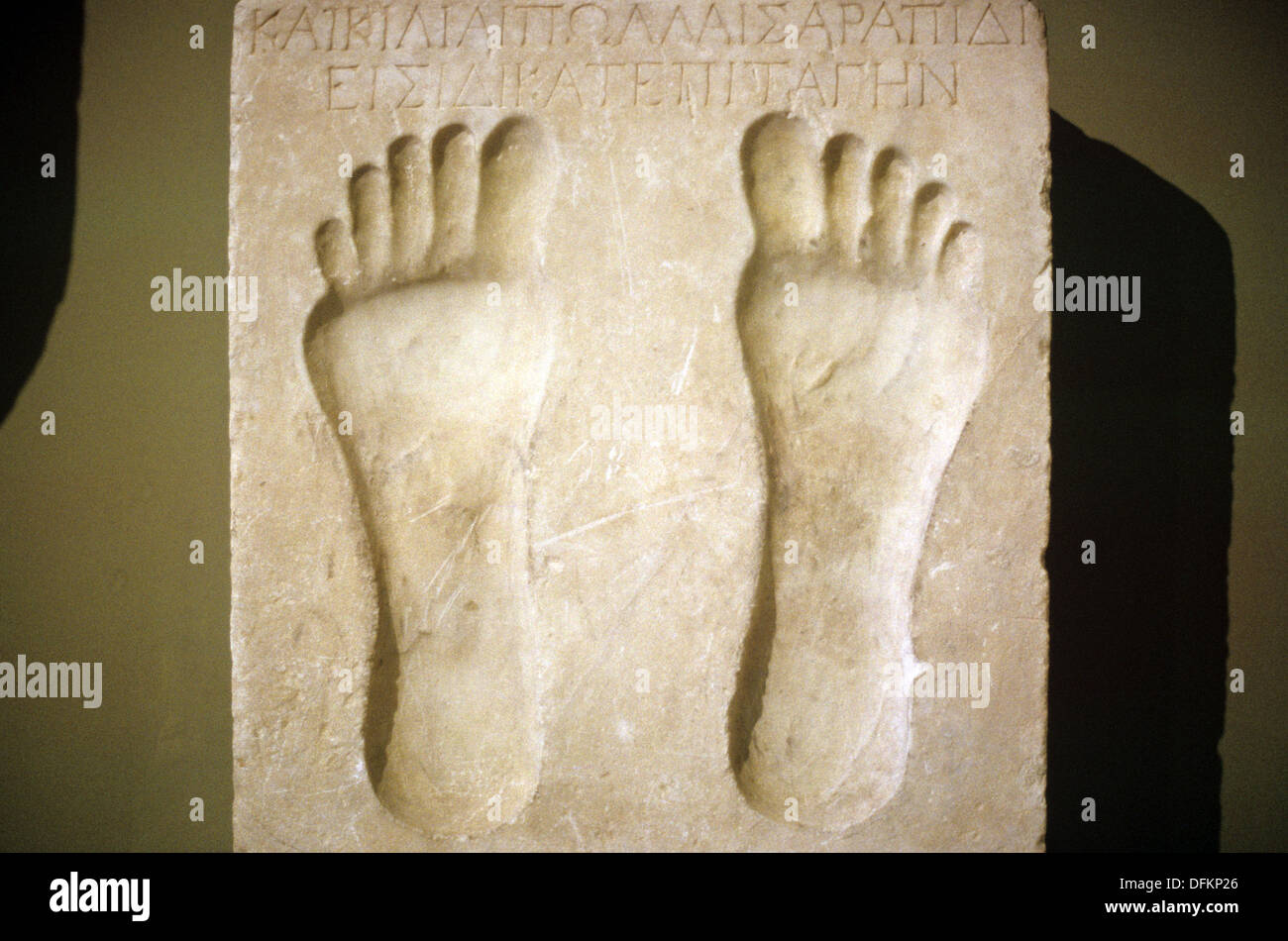 Vemata or Votive Human Footprint Relief, Soles or Plantar aspect, Indicating the Presence of a Pilgrim at a Sacred Place. Ancient Greece. Stock Photo