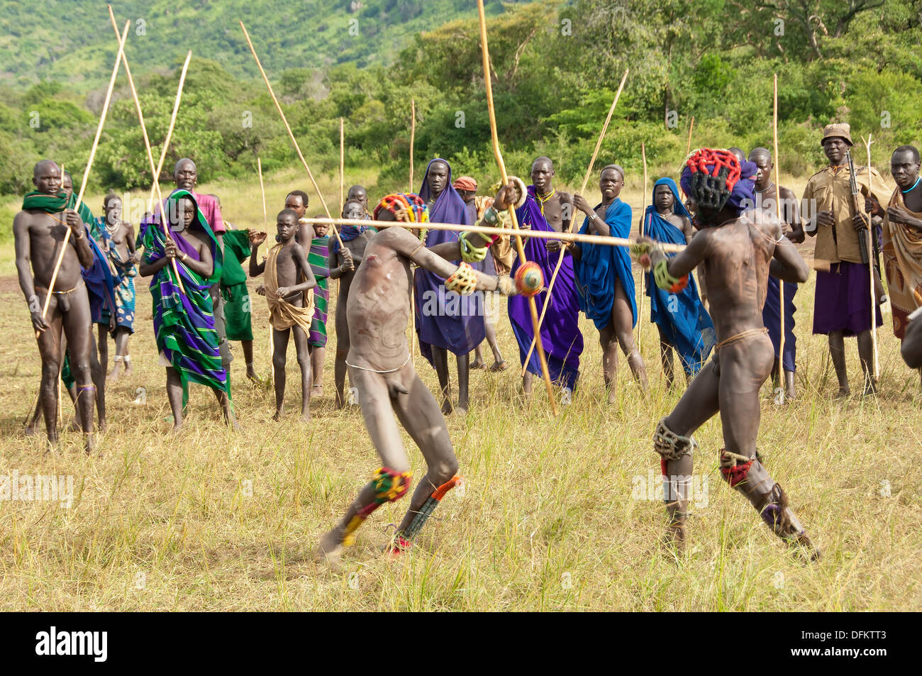 Donga stick fighters, Surma tribe, Tulgit, Omo river valley, Ethiopia