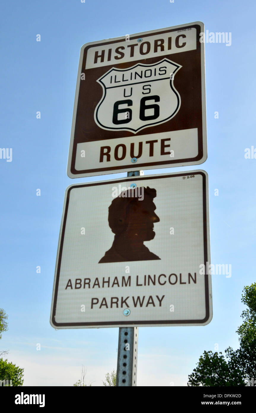 Historic Route 66 highway route sign travels through the state of Illinois Stock Photo