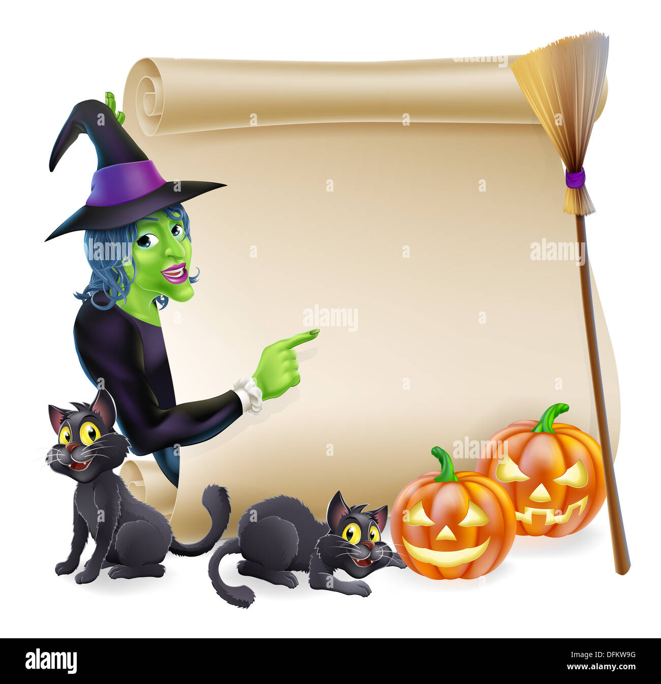 Halloween scroll or banner sign pumpkins and black witch's cats, witch's broom stick and cartoon witch character Stock Photo