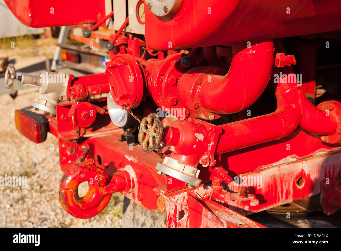 Water pump equipment of old fire truck Stock Photo