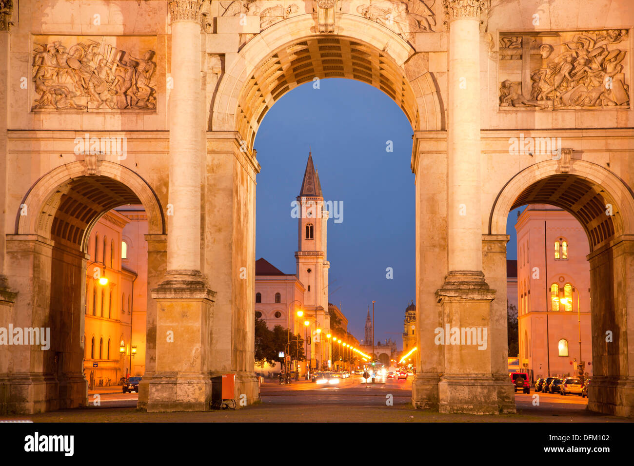 The Siegestor ( Victory Gate) and St. Ludwig church in Munich, Bavaria, Germany Stock Photo