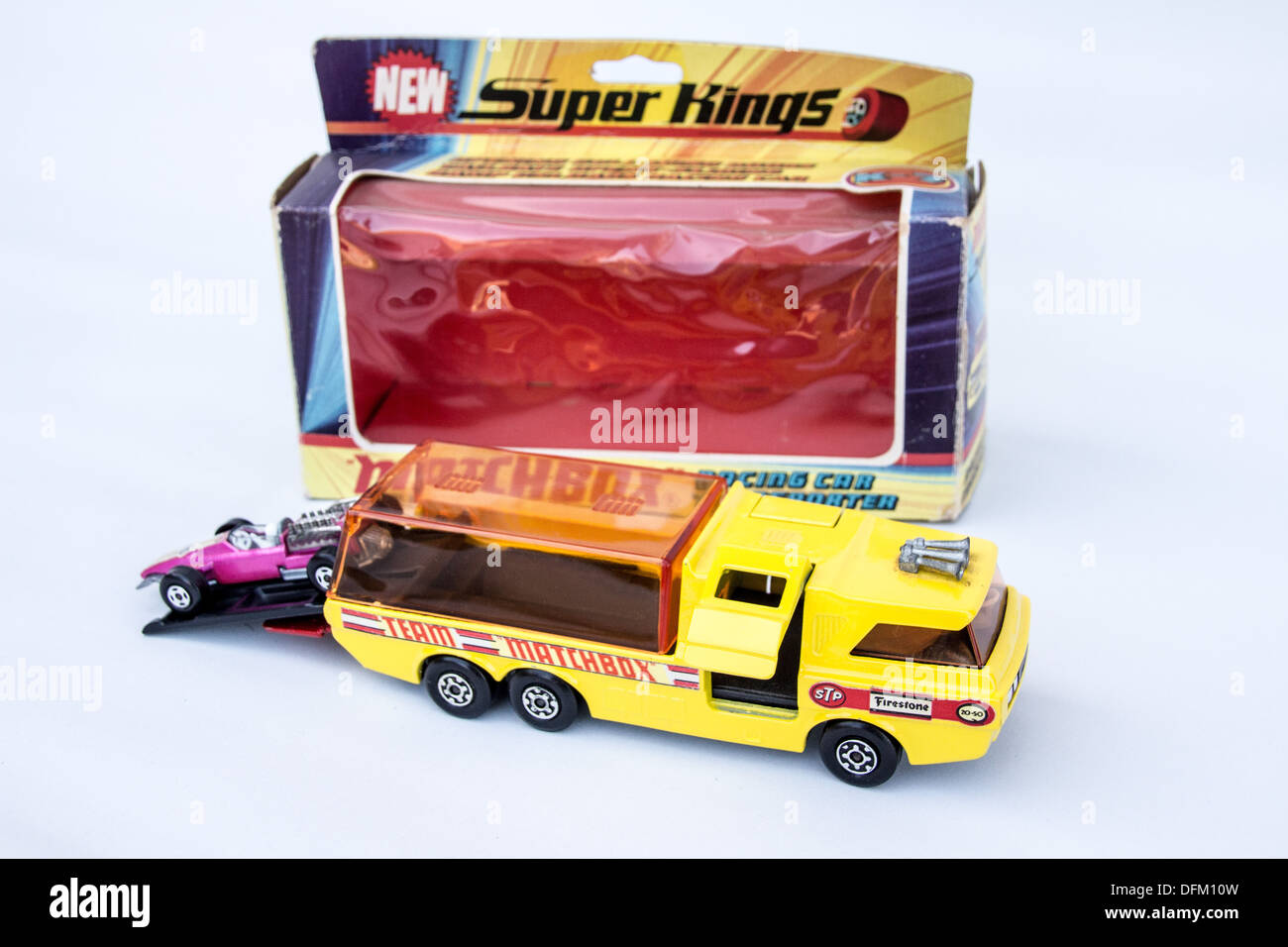 matchbox super kings racing car and transporter toy Stock Photo