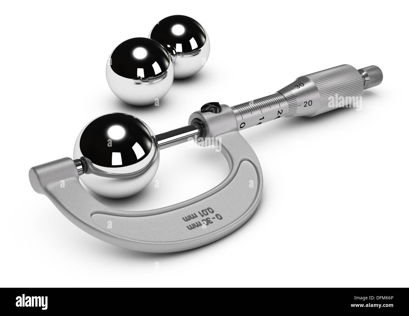 Close up of a micrometer during a dimensional measure of a sphere. 3D