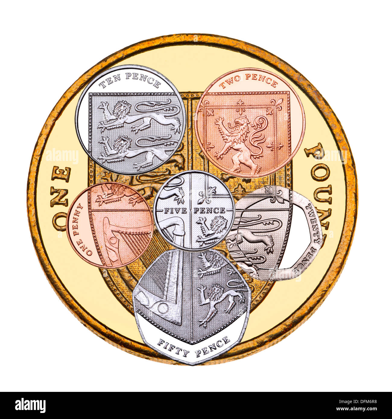 British coinage. All coins, put together to form the shield found on the revers of the pound coin. Stock Photo