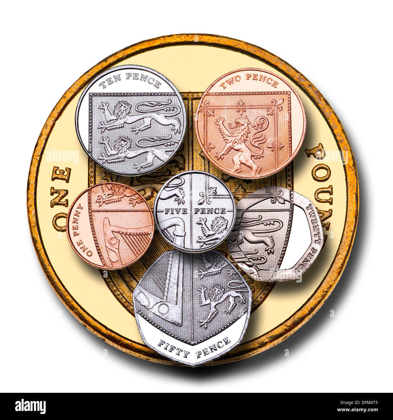 British coinage. All coins, put together to form the shield found on the revers of the pound coin. Stock Photo