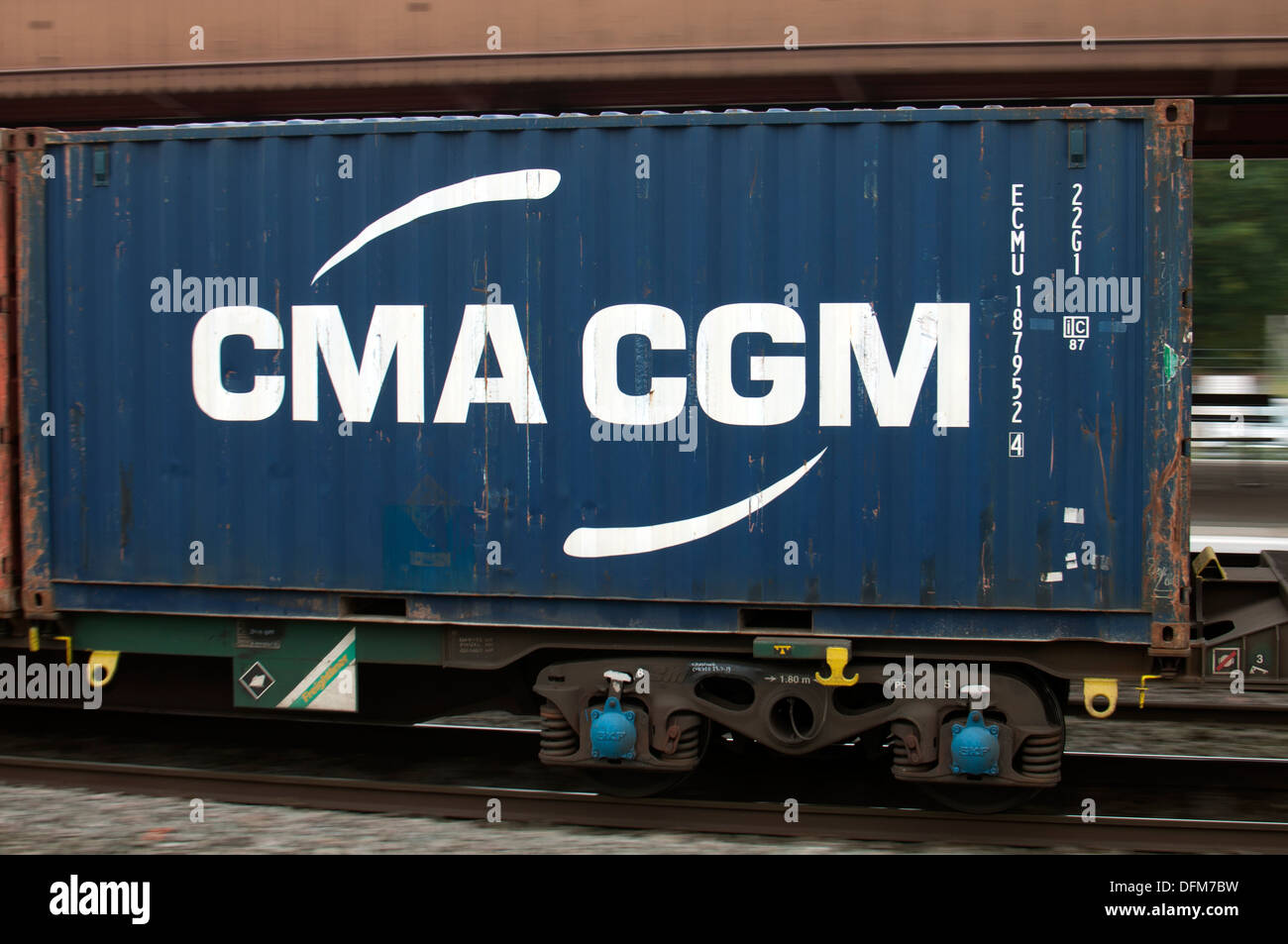 CMA CGM shipping container on a train, UK Stock Photo