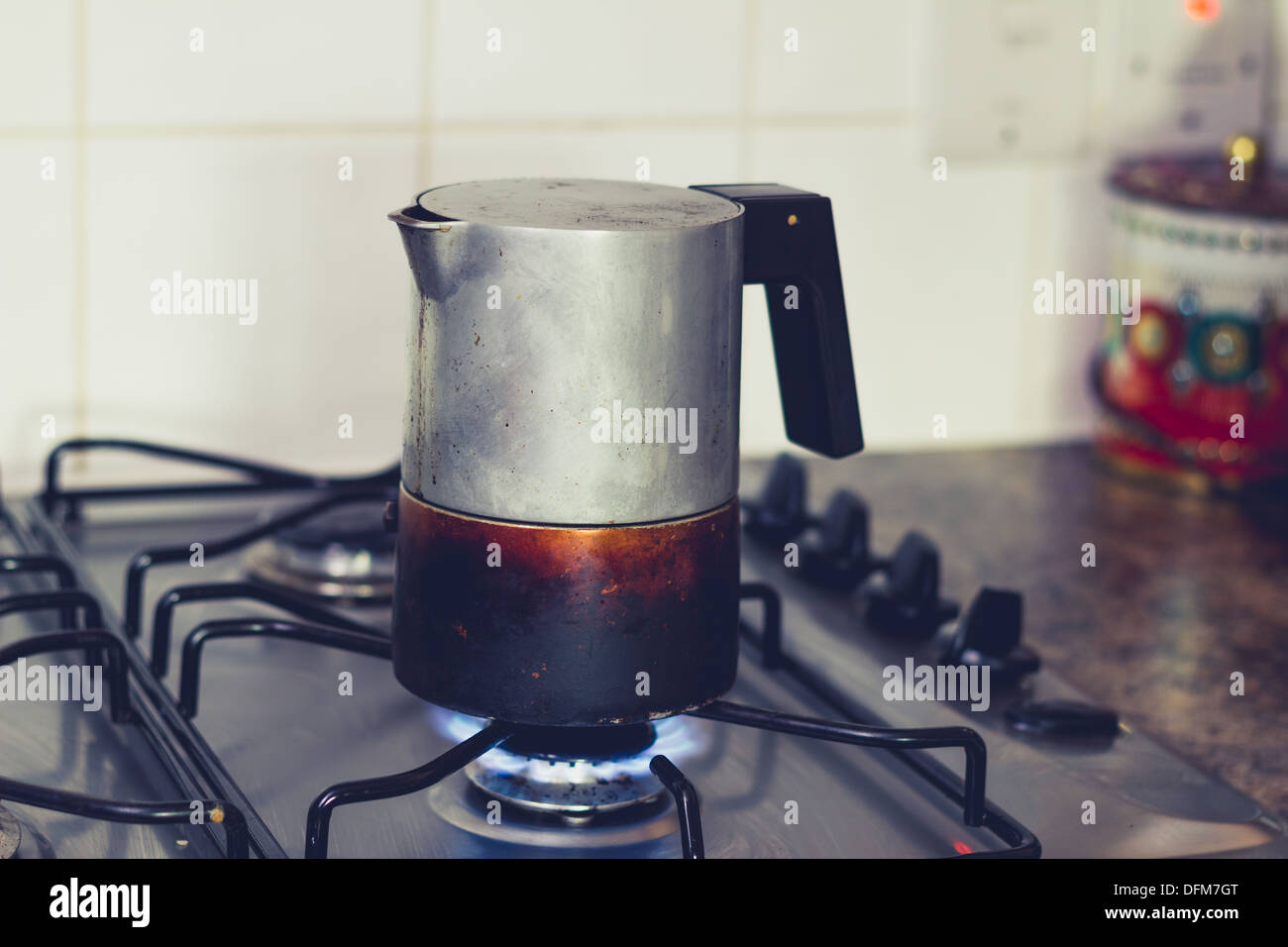 Moka pot on gas stove Stock Photo Alamy