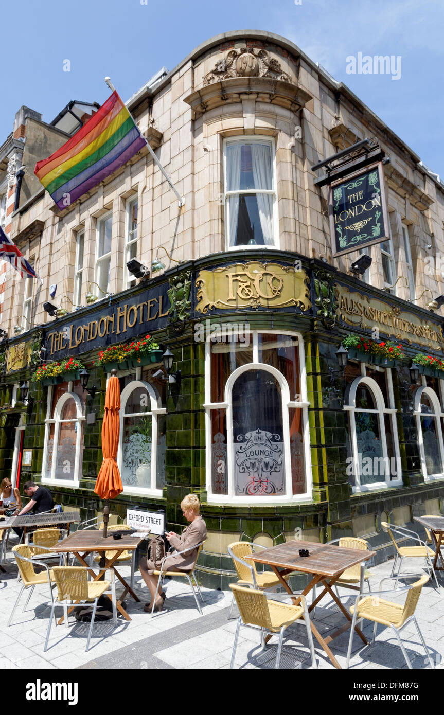 The London Hotel, Pub with Gay Pride / Rainbow Flag, Oxford Street, Southampton, Hampshire, England, UK. Stock Photo