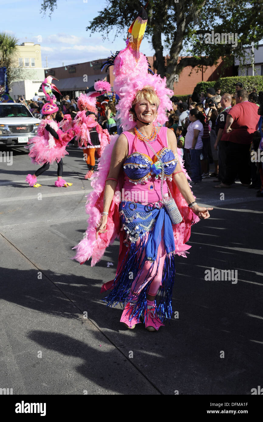 Participants in Pink Flamingo Costumes in Lake Wales Mardi Gras Parade