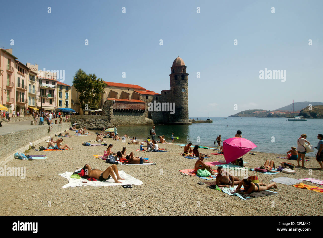 small public beach in the town of Collioure, Languedoc Roussillon, South of France Stock Photo