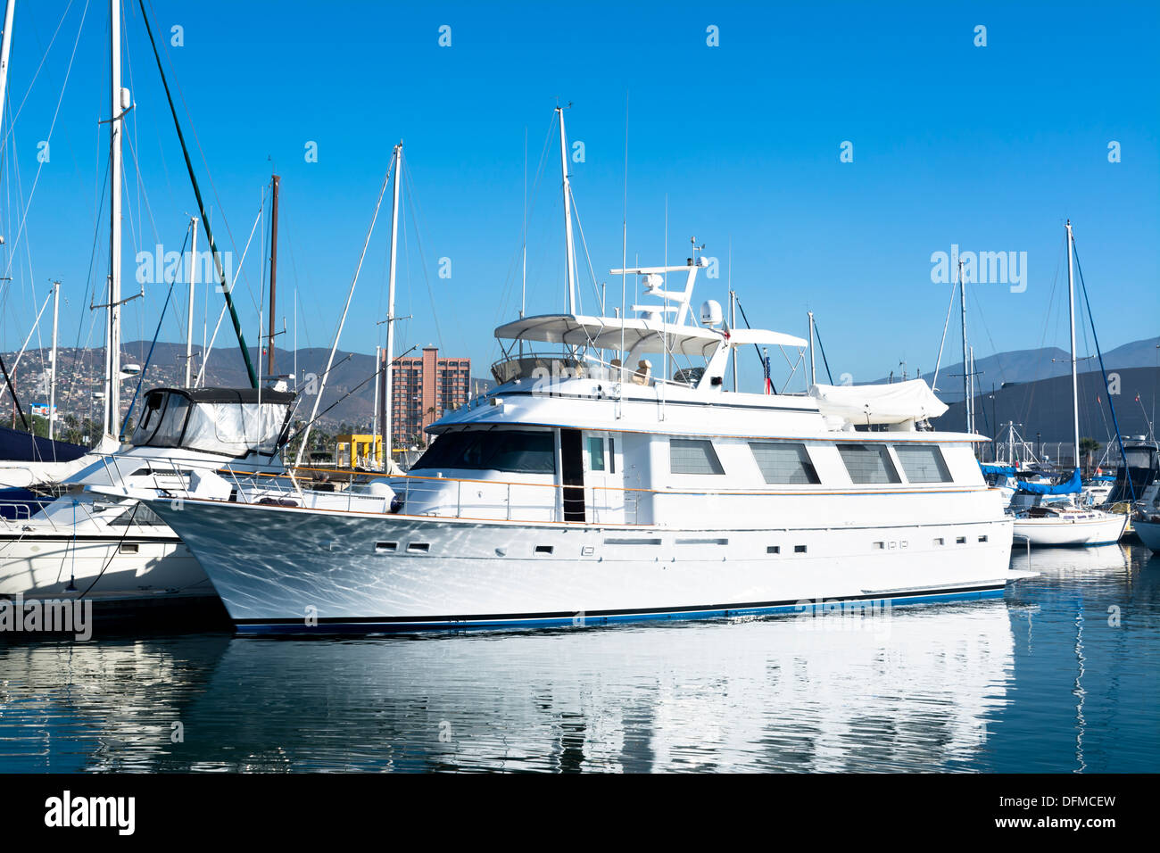 A private luxury yacht docked in Ensenada Mexico ready for a cruise