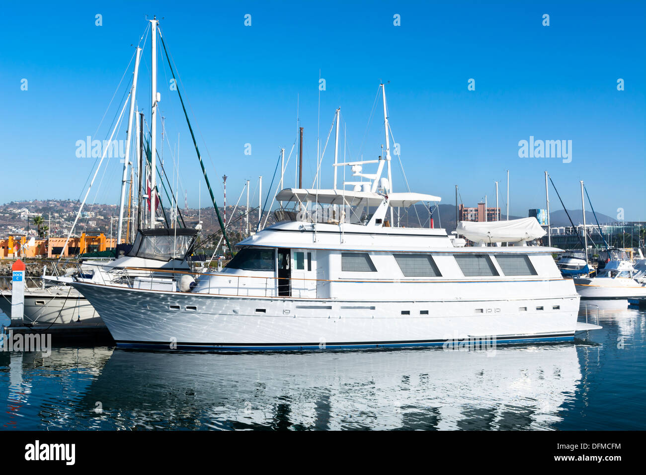 A private luxury yacht docked in Ensenada Mexico ready for a cruise