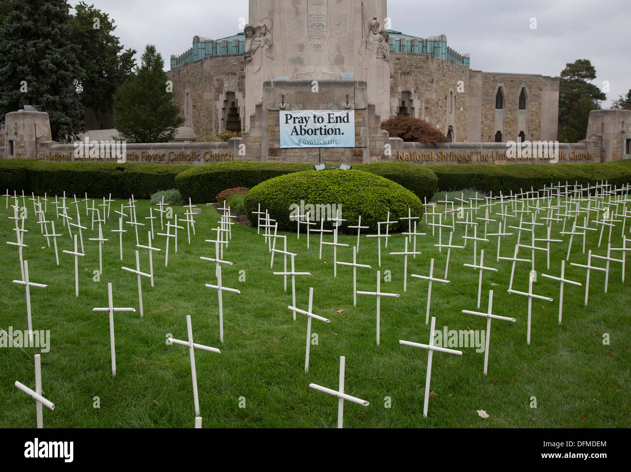 Crosses on the lawn of the National Shrine of the Little Flower Catholic Church are part of the church's anti-abortion campaign. Stock Photo