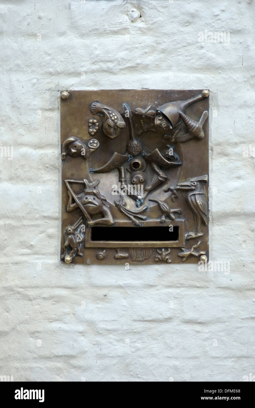 Mail box with Hieronimus Bosch characters in Bruges, Belgium Stock Photo