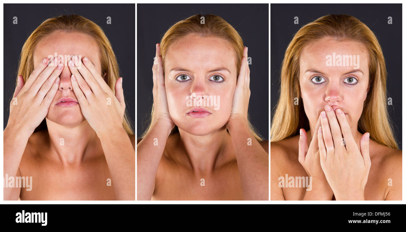 A young woman covering her mouth ears eyes with her hands The three wise monkeys.  See no evil, hear no evil, speak no evil Stock Photo