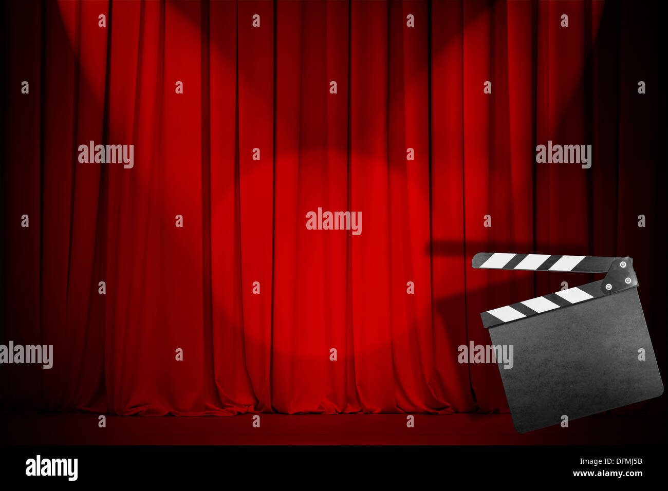 theatre red curtain with empty clapper board Stock Photo