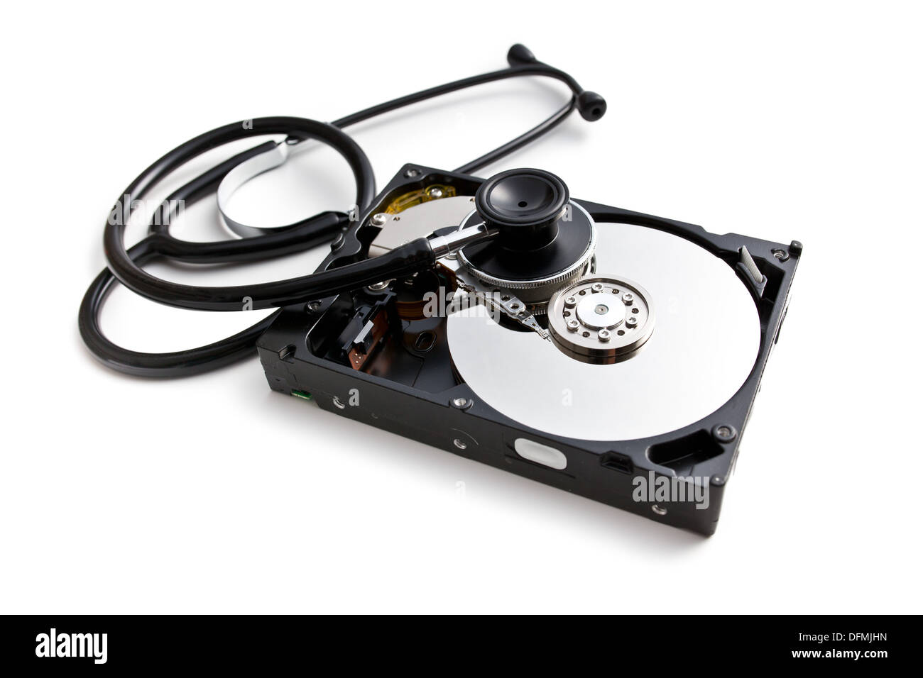 stethoscope with hard disk on white background Stock Photo