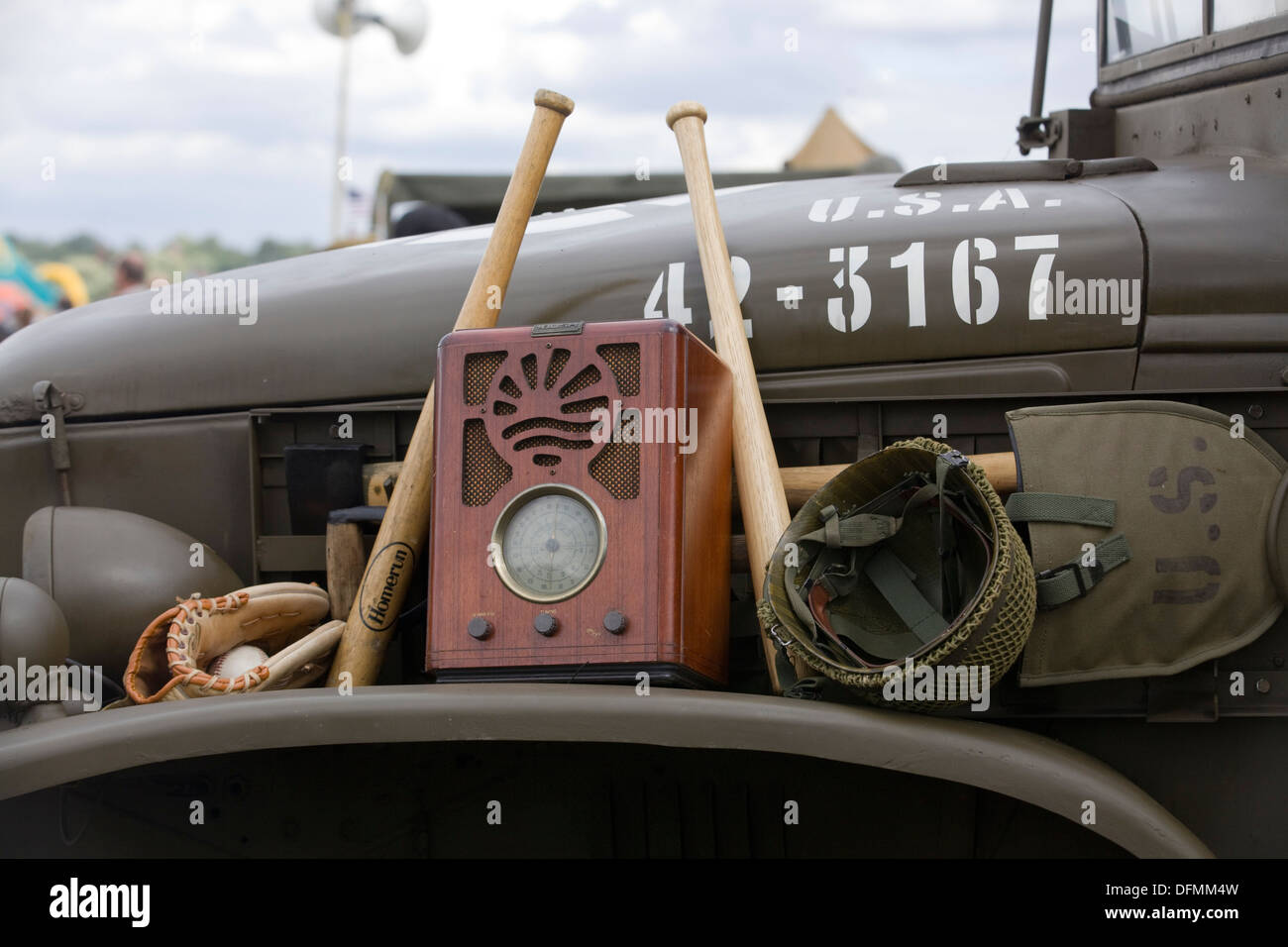 World War 11 USA Jeep with a Vintage wooden Radio,Helmet and Baseball