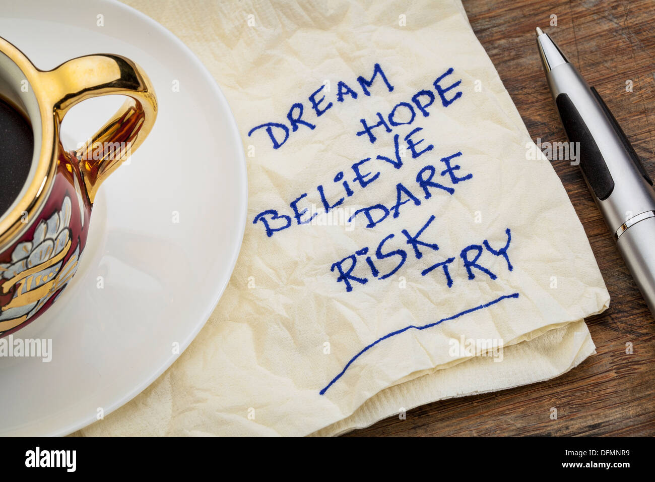 dream, hope, believe, dare, risk, try - motivational words - a napkin doodle with a cup of espresso coffee Stock Photo