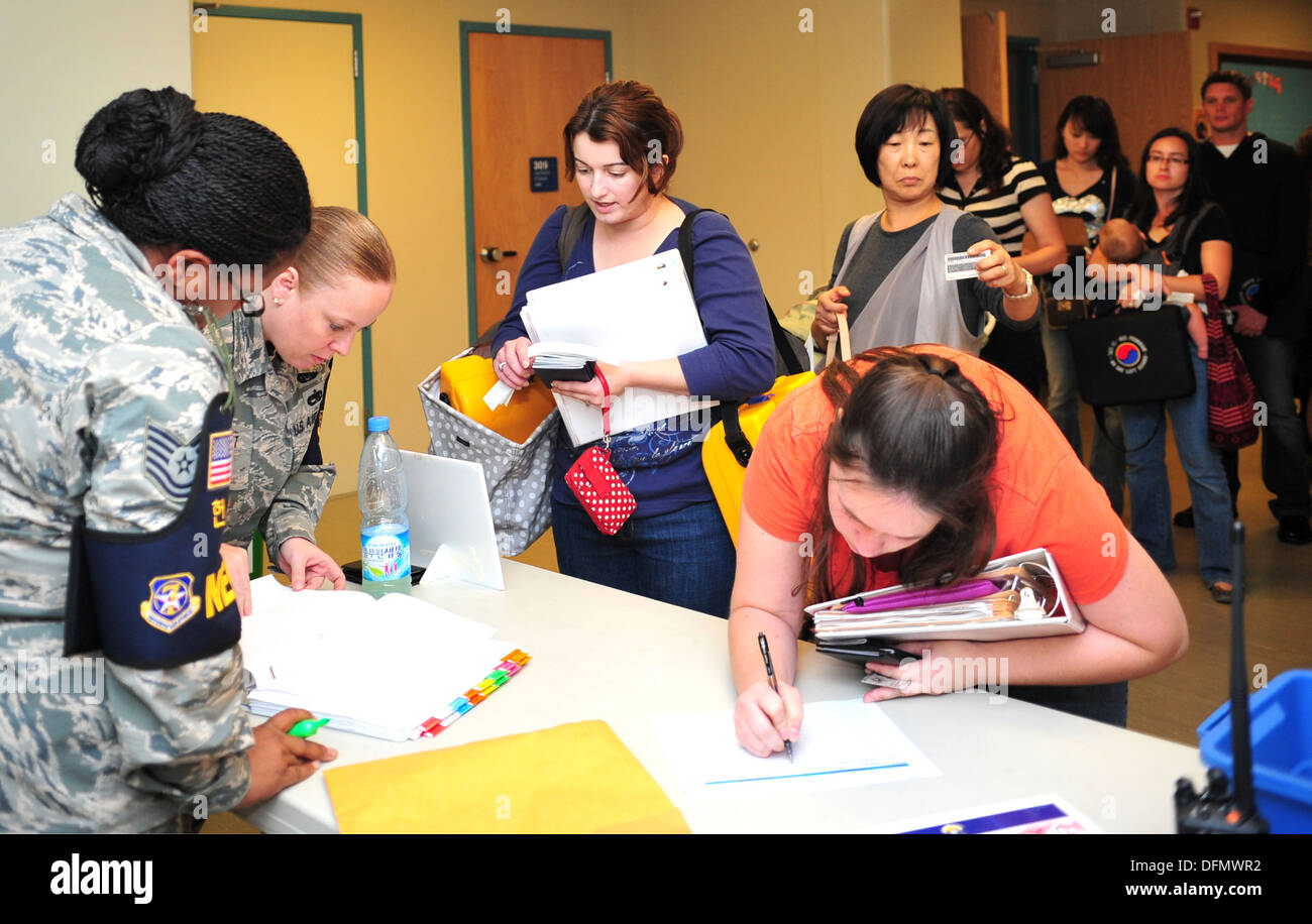 Tech. Sgts. Yolanda Heyward, 51st Comptroller Squadron quality assurance manager, and Jennifer Hunt, 51st Civil Engineer Squadron chief of unaccompanied housing, man the embarkation check point during a noncombatant evacuation operations exercise at Osan Stock Photo