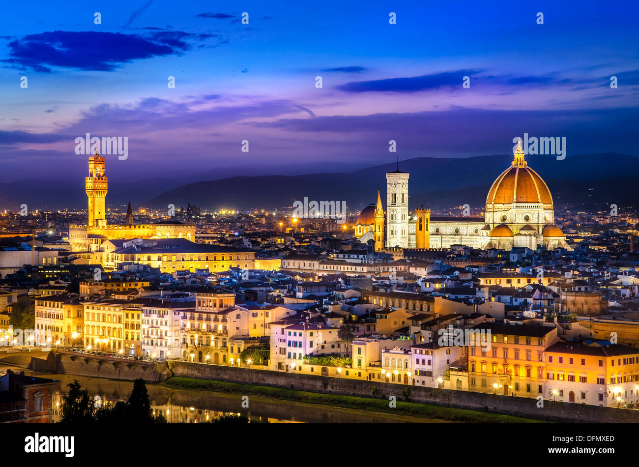 Scenic view of Florence at night from Piazzale Michelangelo, Italy Stock Photo