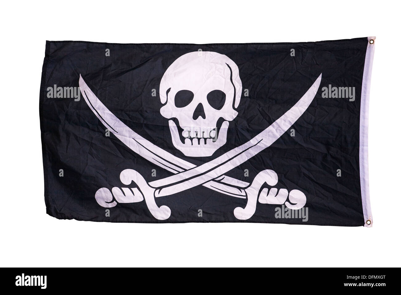 Cut Out. Black Pirate Flag with Skull and Crossed Swords on white background Stock Photo