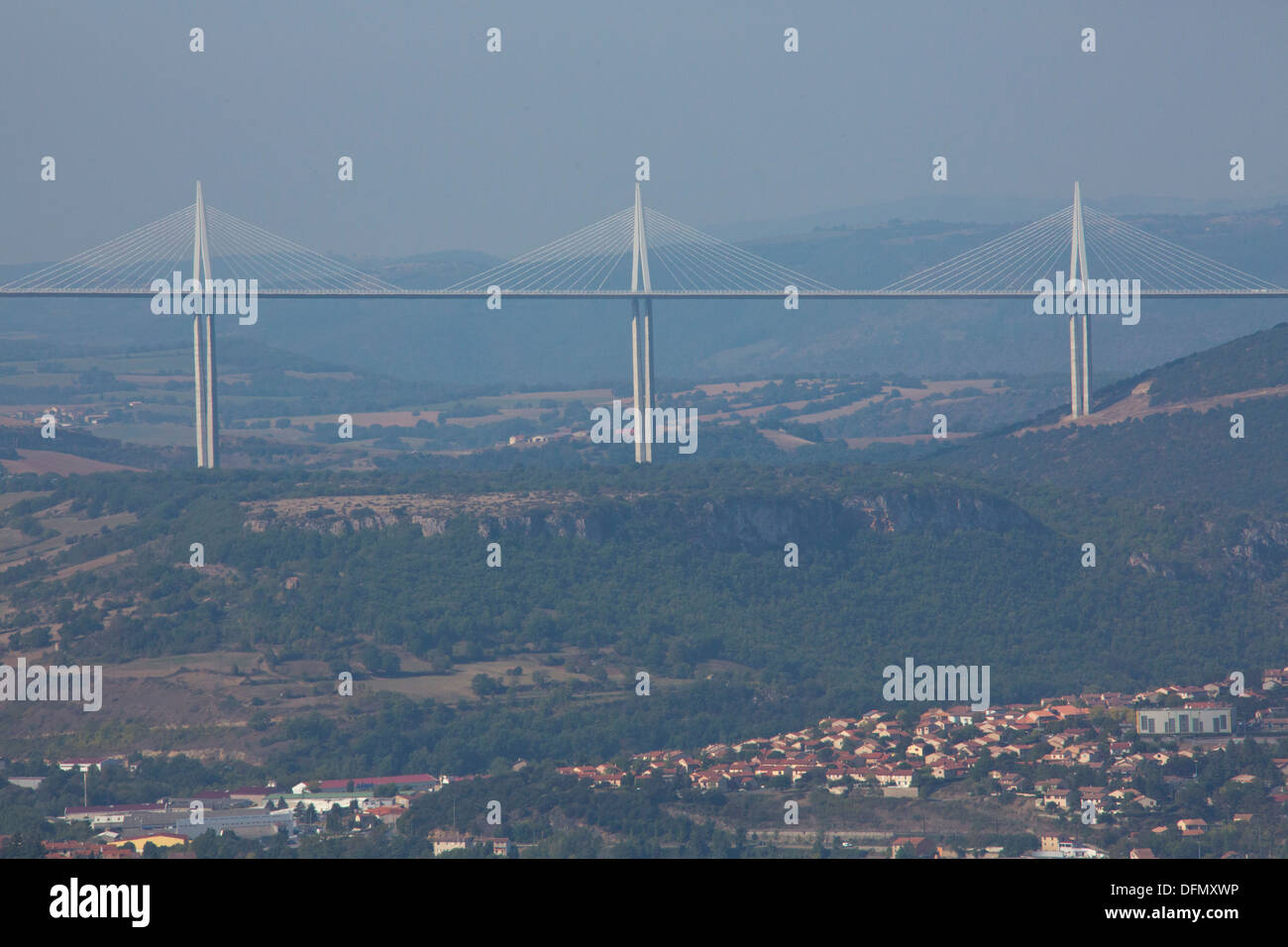 View of 3 piers, pylons of Viaduct of Millau, above Millau Tarn river southern France. 138713 Viaduc Millau Stock Photo