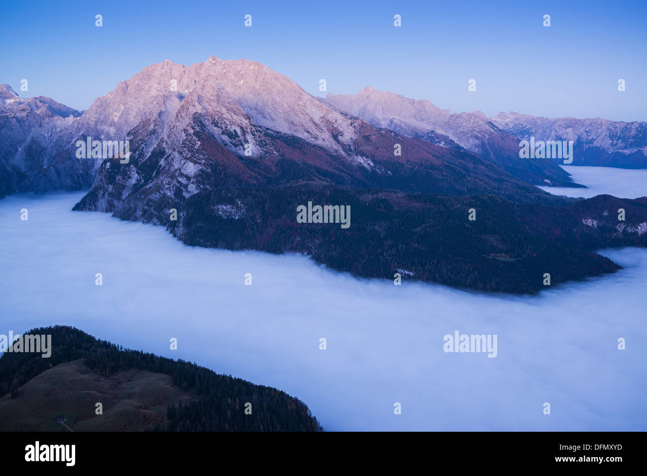 Watzmann (2713m) rises above fog inversion layer at dawn, viewed from summit of Jenner, Berchtesgaden national park, Bavaria, Ge Stock Photo
