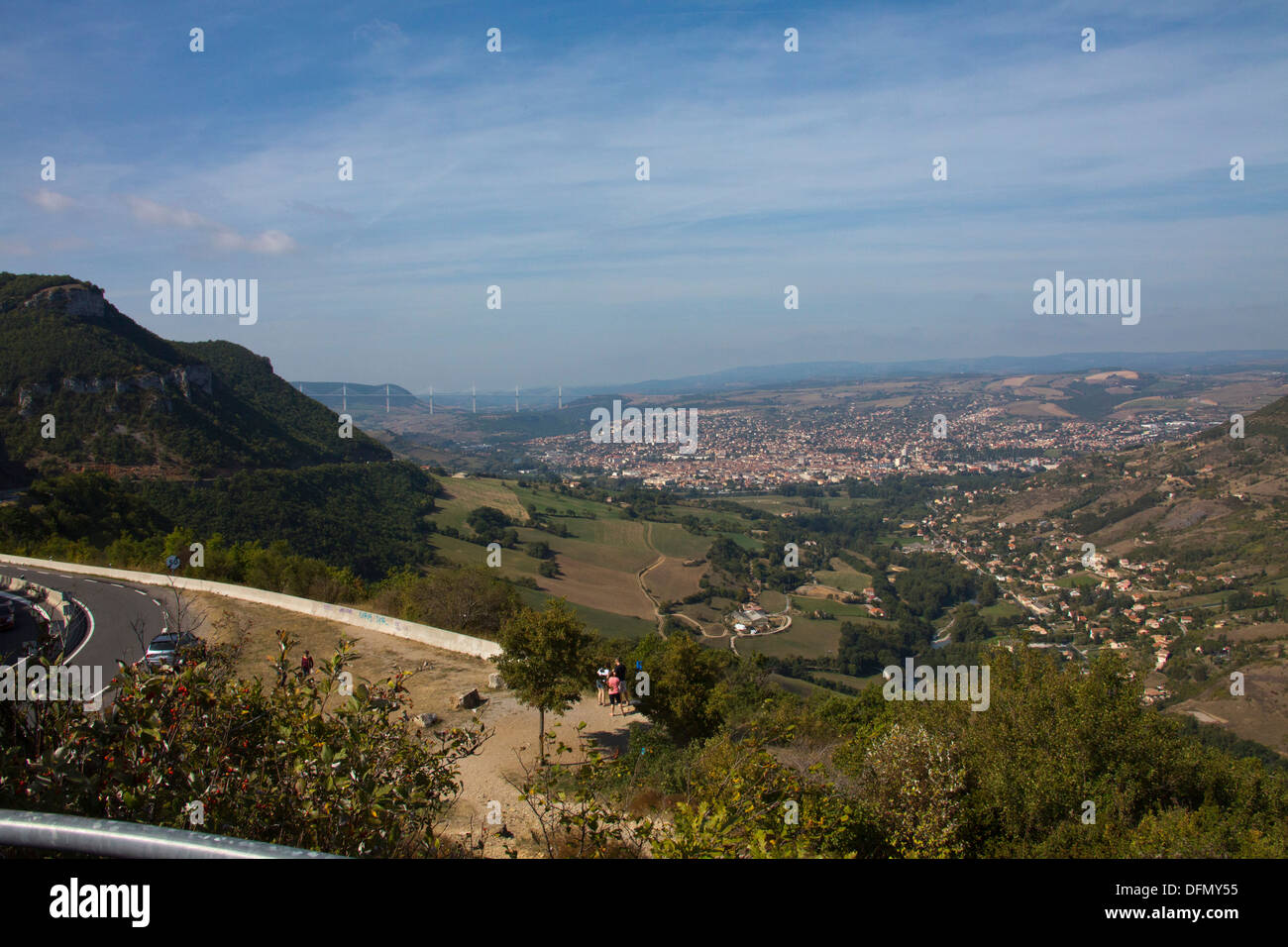 General view of Viaduct of Millau above town, Tarn river southern France. 138717 Viaduc Millau Stock Photo