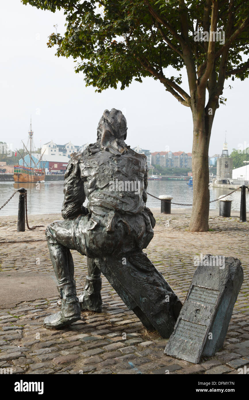 Statue of John Cabot on the Harbourside looking towards The Matthew (replica of his ship). Bristol. England. UK. Stock Photo