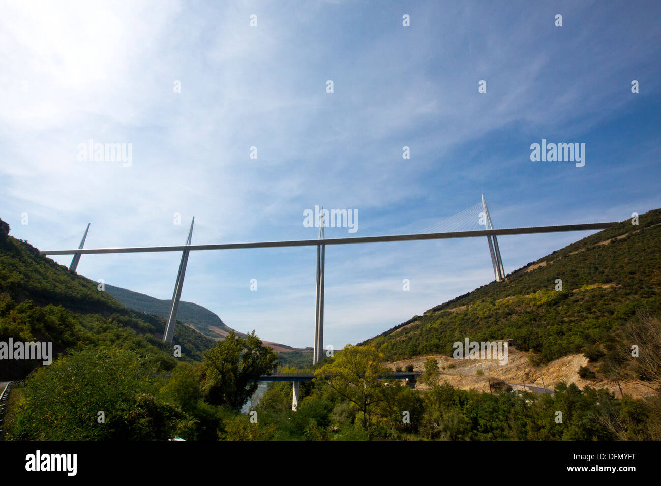 Viaduct of Millau, pylons high above Tarn river southern France. 138740 Viaduc Millau Stock Photo