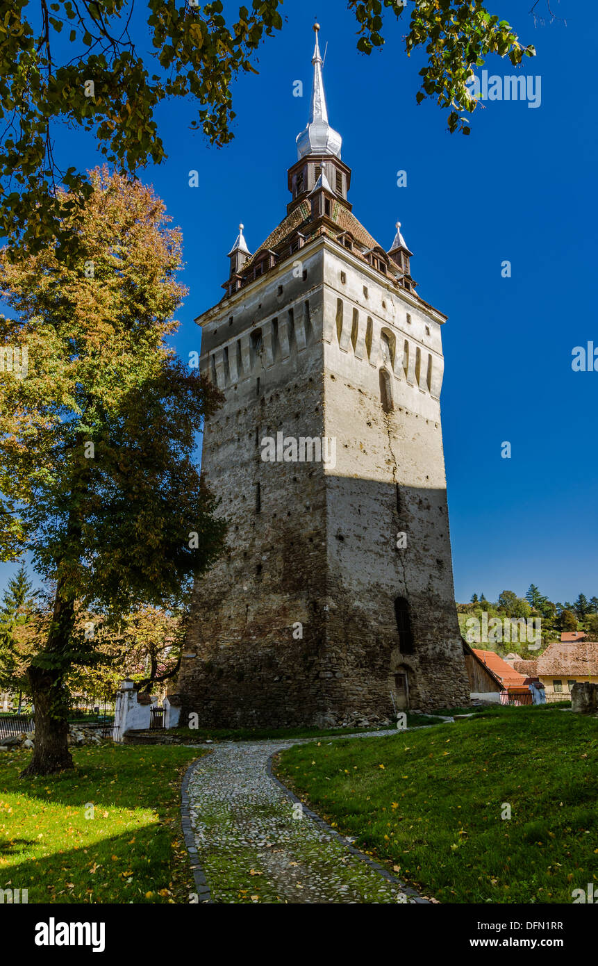 Tower of Saschiz, architecture in Transylvania Stock Photo