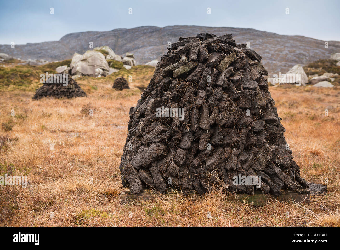 Stacks of peat cuttings, Isle of Harris, Outer Hebrides, Scotland Stock Photo