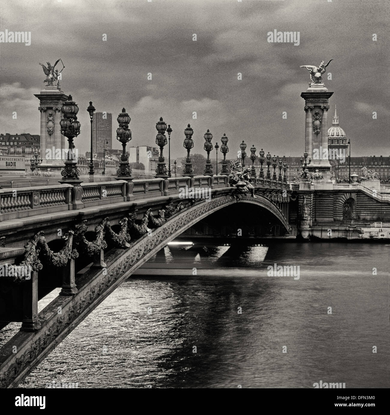 Le Pont (bridge) Alexandre III over the Seine River towards Les Invalides in Paris Stock Photo