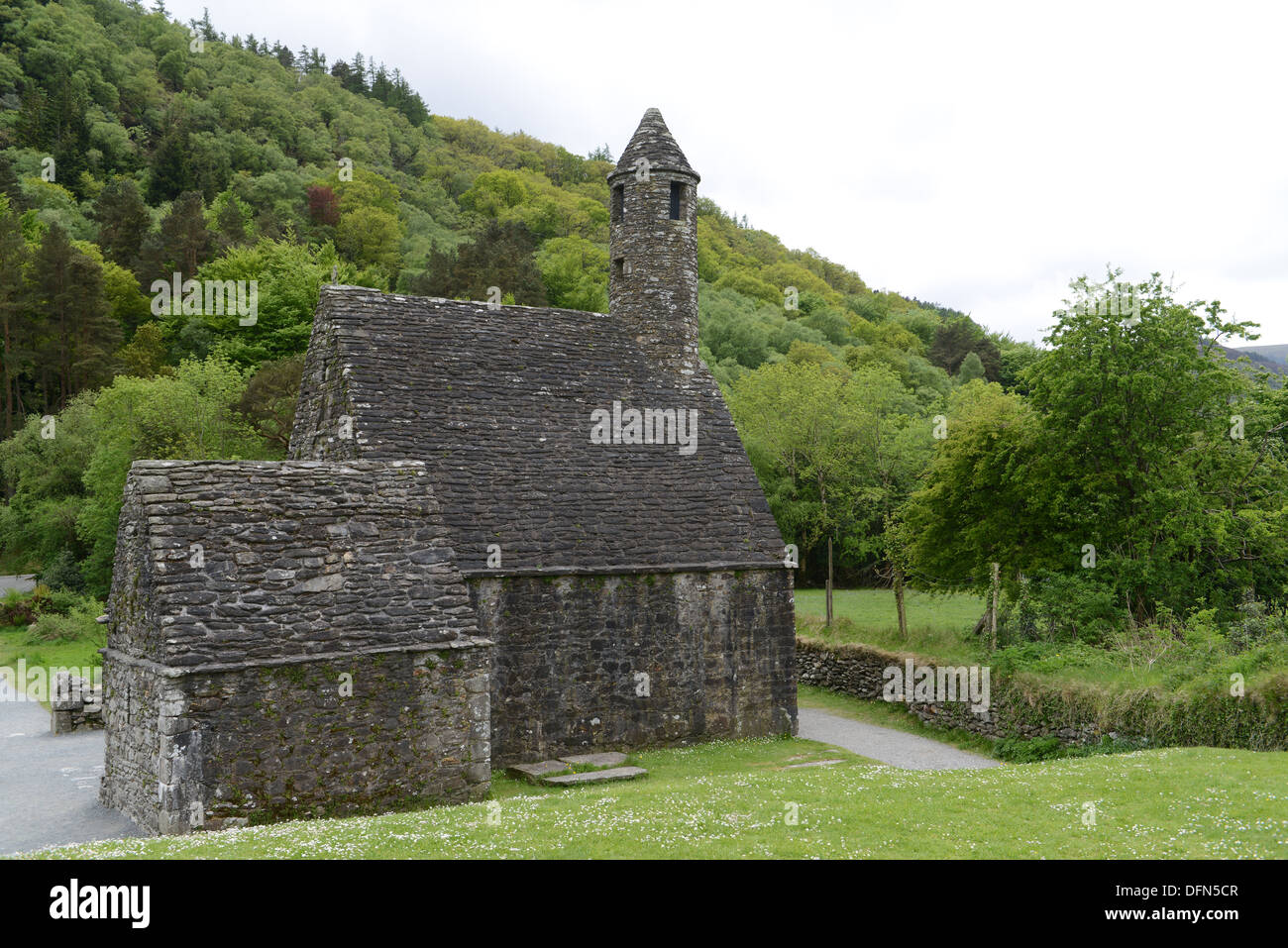 St. Kevin's Chapel or 'Kitchen' at Glendalough in the Wicklow Mountains in Ireland. Stock Photo