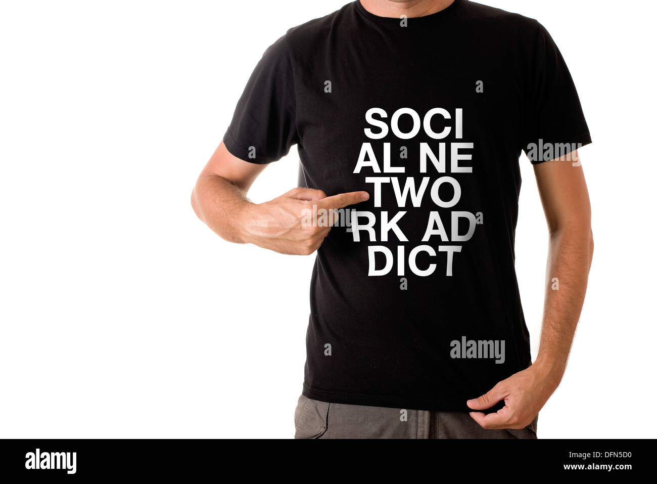 Slim tall man posing in black t-shirt with title SOCIAL NETWORK ADDICT Stock Photo