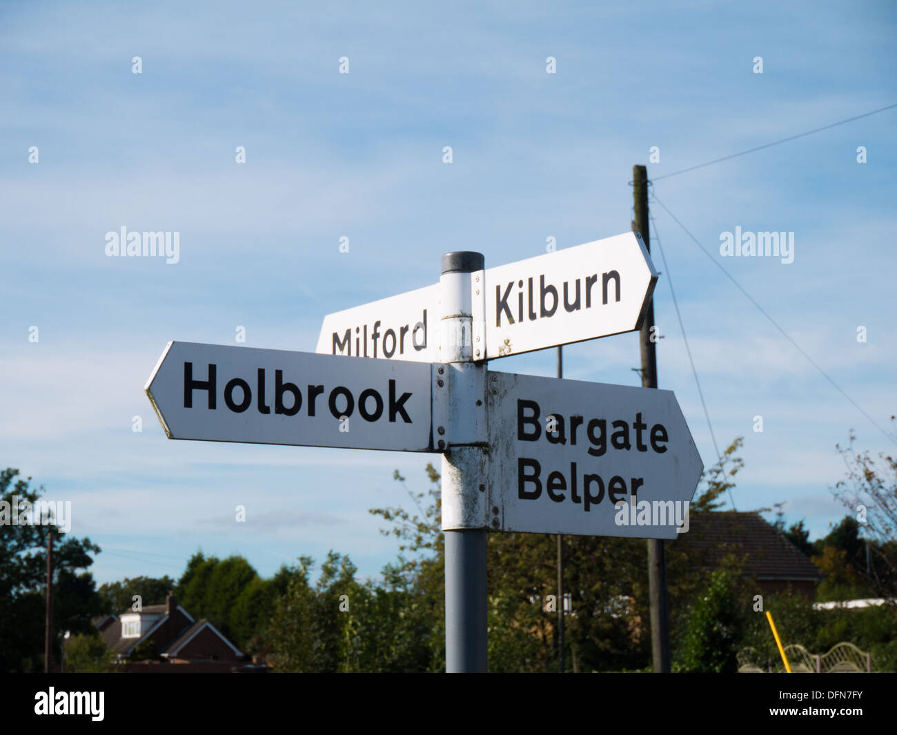 Signpost fo Holbrook and Belper in Derbyshire, United Kingdom. Stock Photo