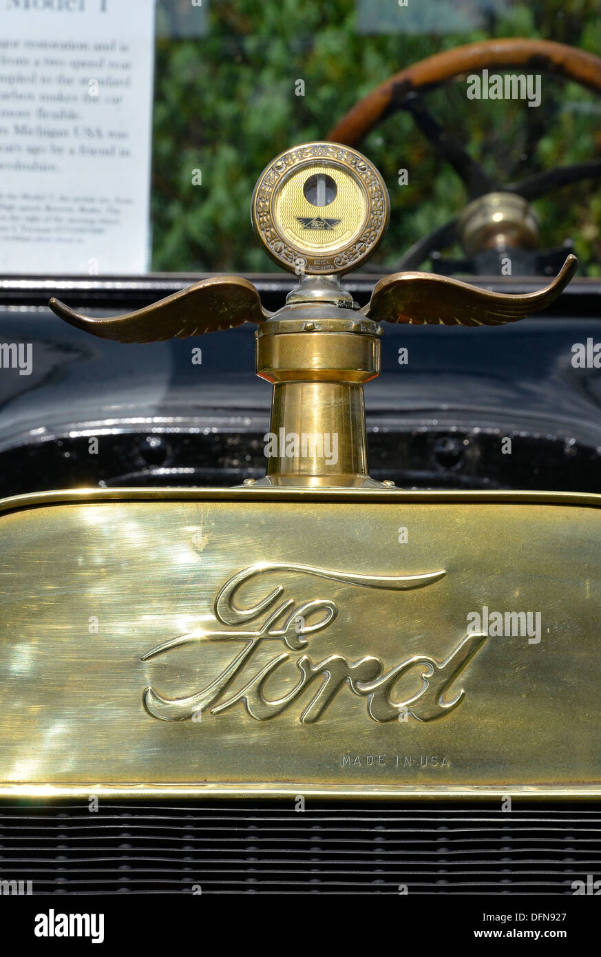 Brass radiator header tank of an original condition 1915 Model T Ford car (automobile) showing embossed Ford logo. Stock Photo