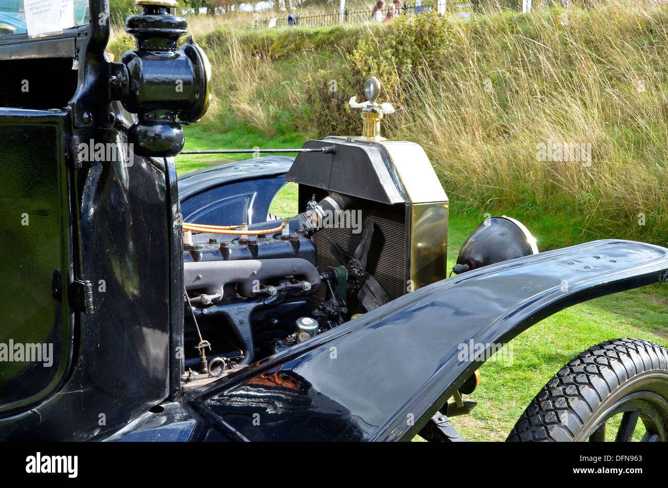 Engine bay, engine, radiator and offside front wing of an original condition 1915 Model T  Ford car (automobile). Stock Photo