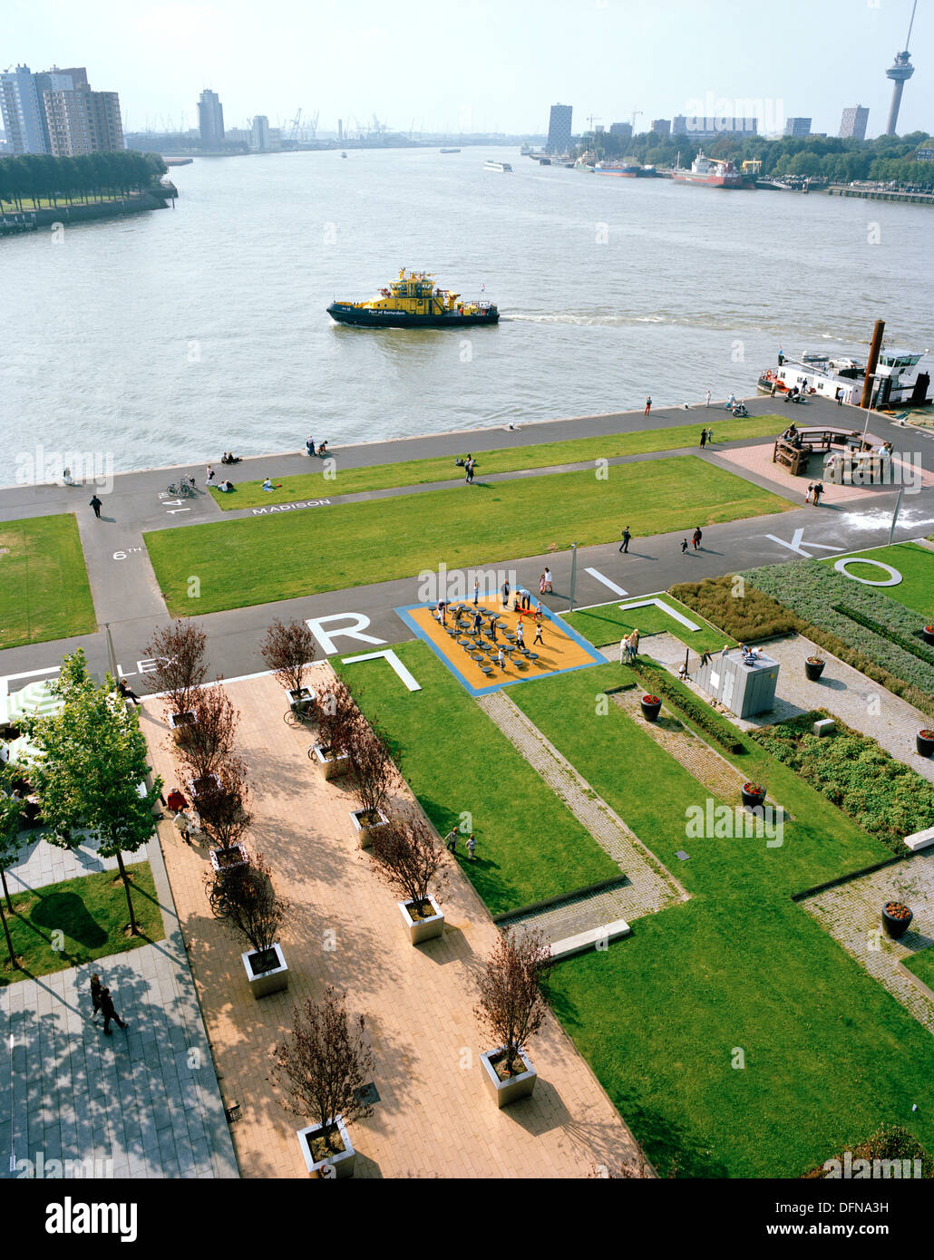 View over harbour and restaurant terrace, Hotel New York, Kop van Zuid, Rotterdam, Netherlands Stock Photo
