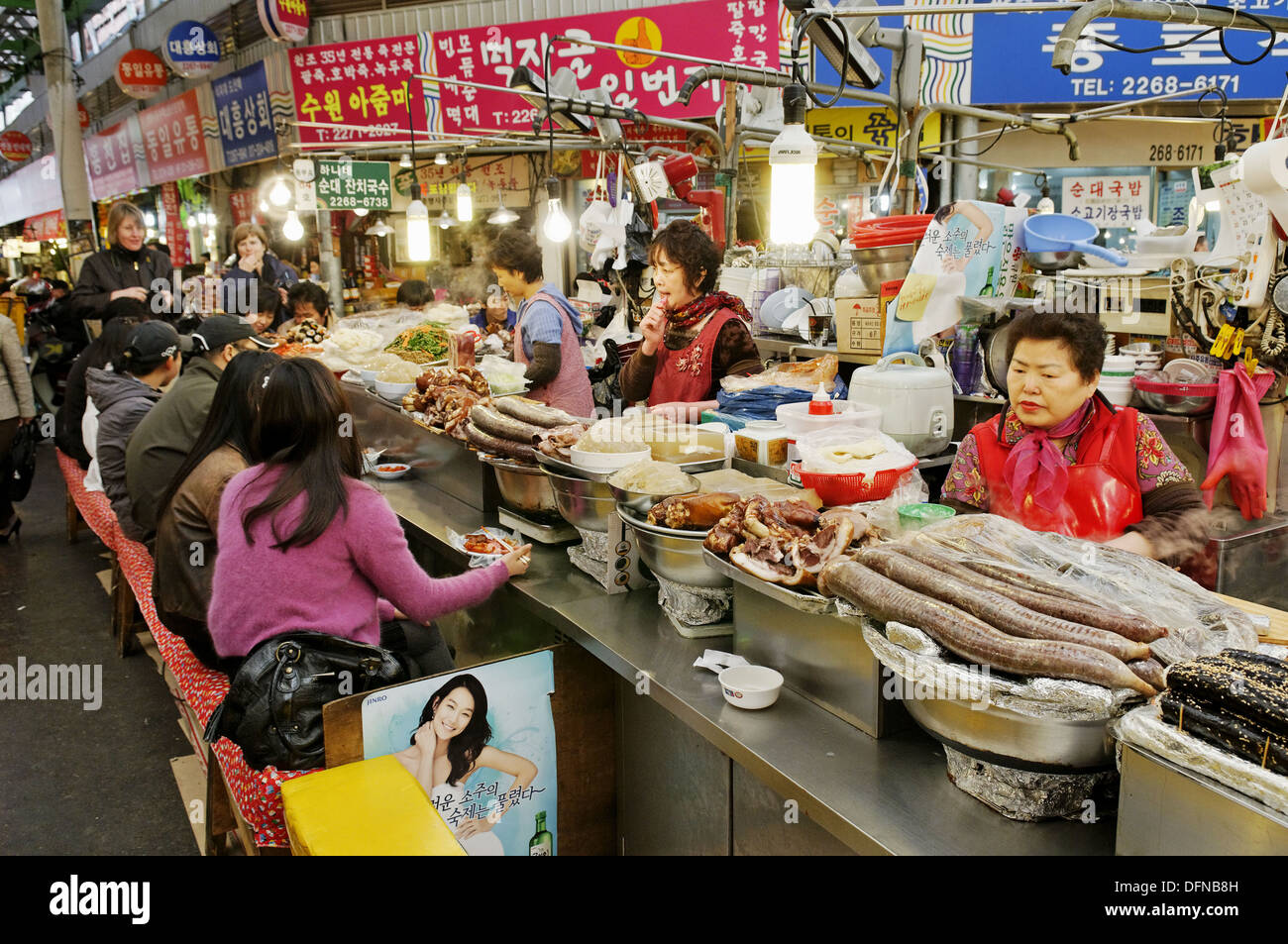 korean food, small restaurant, food stall in a market in Seoul, South