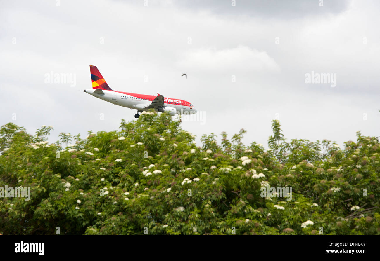 Avianca aeroplane flies low about to land in Bogota Eldorado Airport
