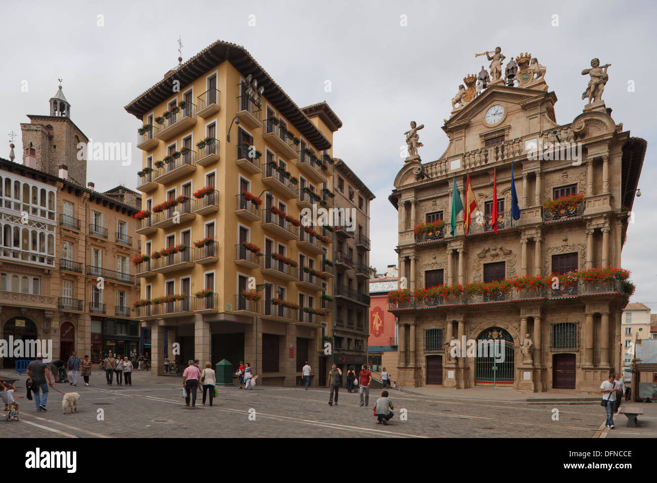 View of the town hall, Pamplona, Camino Frances, Way of St. James, Camino de Santiago, pilgrims way, UNESCO World Heritage, Euro Stock Photo