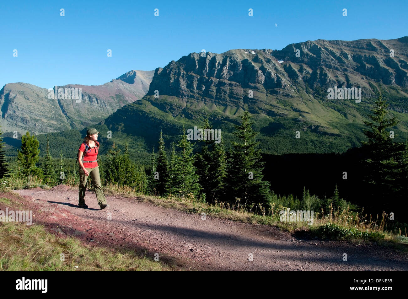 A woman hikes on the Iceberg Lake Trail in Glacier National Park, CA. Stock Photo