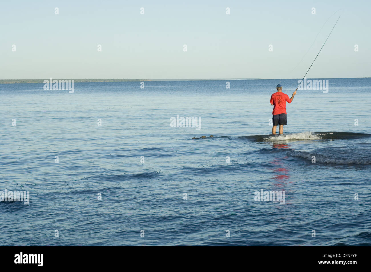 A fisherman flyfishing for Trevally and Queenfish in Darwin, Northern