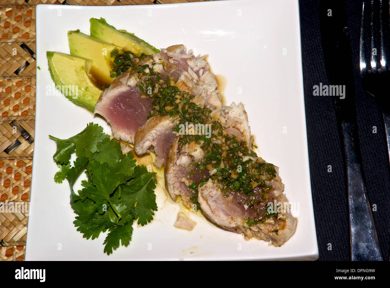 Seared albacore tuna cooked rare seafood appetizer Stock Photo